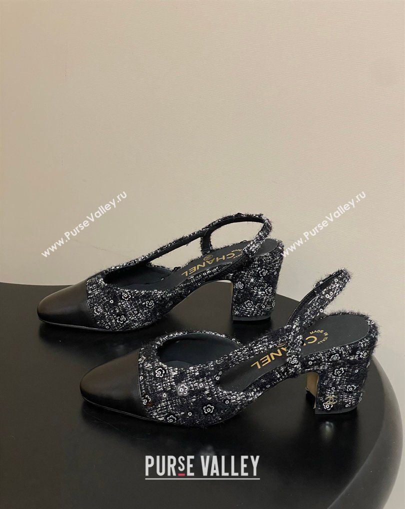 Chanel Camellia Tweed Lambskin Leather Slingbacks Pump 6.5cm Black 2026 G31318 0309 (MD-260309050)