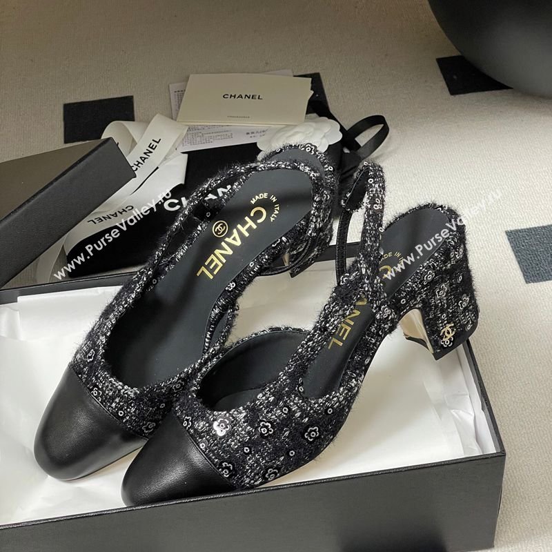 Chanel Camellia Tweed Lambskin Leather Slingbacks Pump 6.5cm Black 2026 G31318 0309 (MD-260309050)