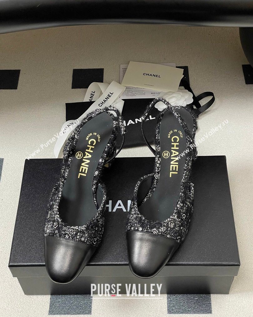 Chanel Camellia Tweed Lambskin Leather Slingbacks Pump 6.5cm Black 2026 G31318 0309 (MD-260309050)