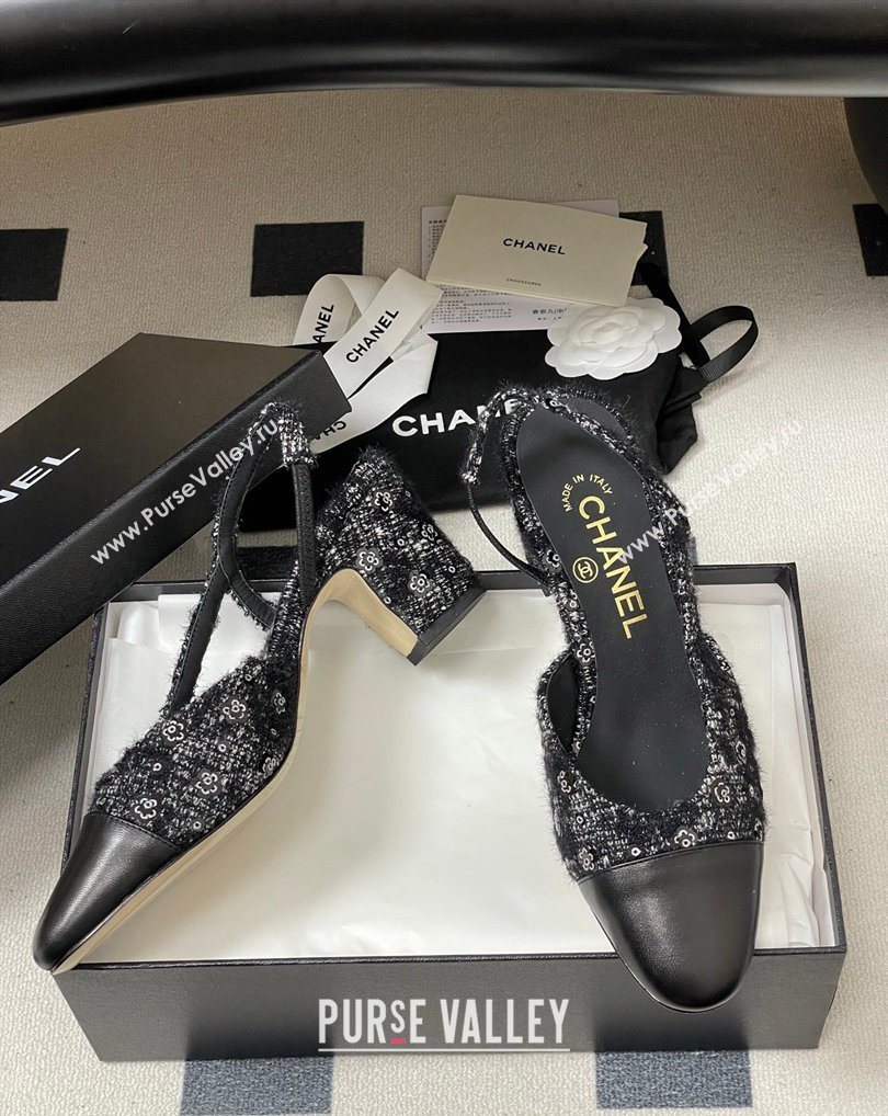 Chanel Camellia Tweed Lambskin Leather Slingbacks Pump 6.5cm Black 2026 G31318 0309 (MD-260309050)