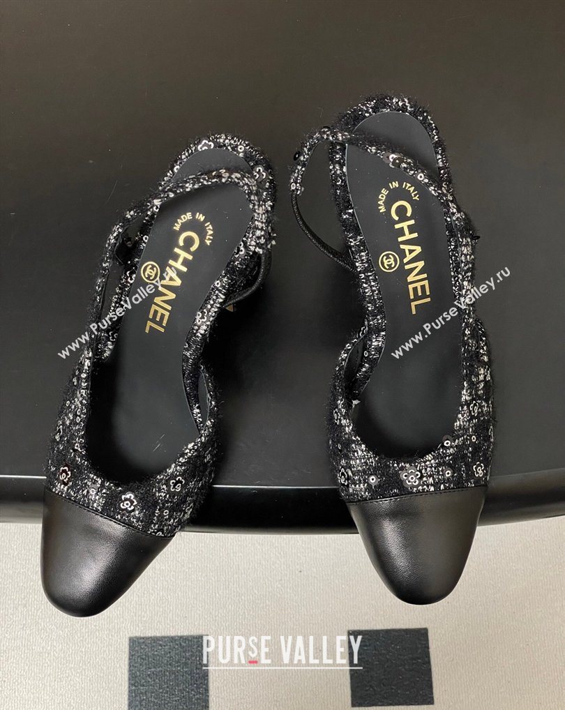 Chanel Camellia Tweed Lambskin Leather Slingbacks Pump 9cm Black 2026 G45509 0309 (MD-260309054)