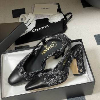 Chanel Camellia Tweed Lambskin Leather Slingbacks Pump 9cm Black 2026 G45509 0309 (MD-260309054)