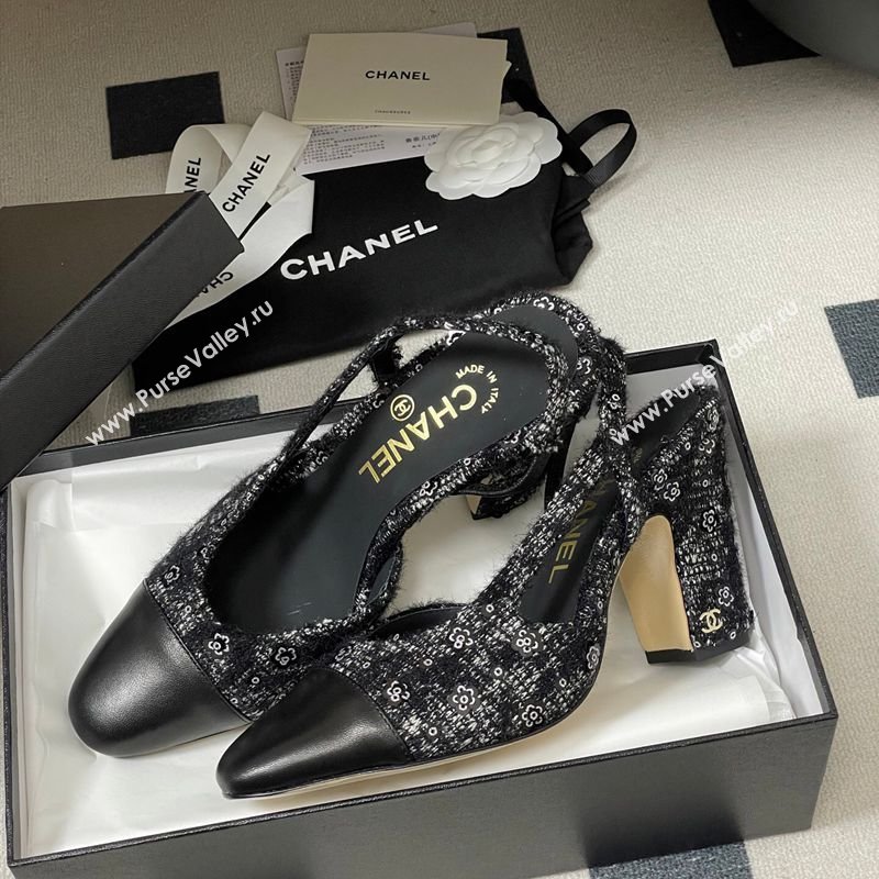 Chanel Camellia Tweed Lambskin Leather Slingbacks Pump 9cm Black 2026 G45509 0309 (MD-260309054)