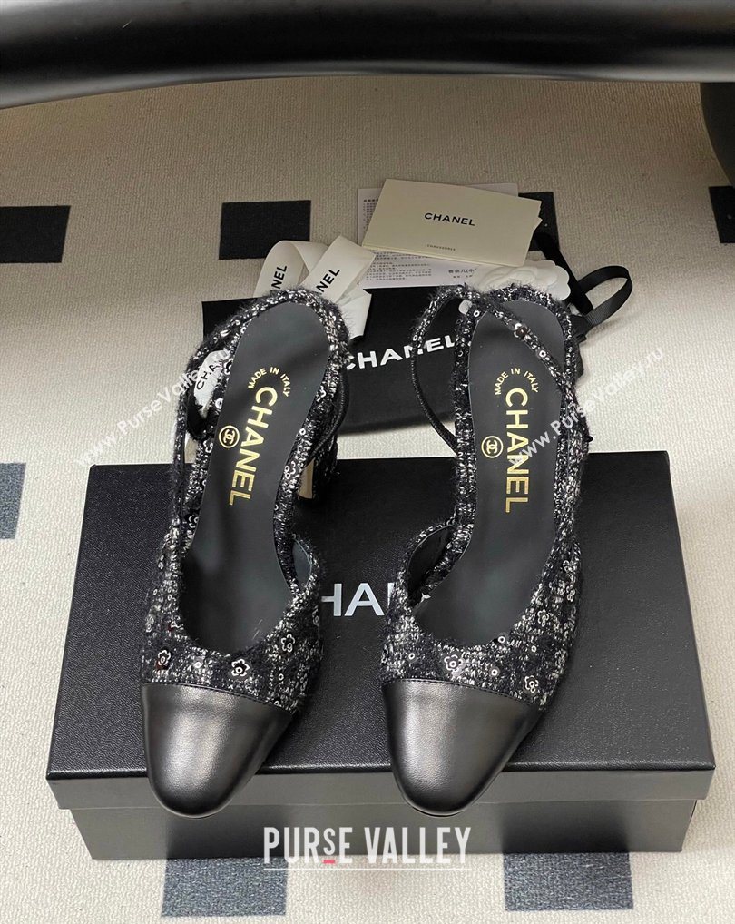 Chanel Camellia Tweed Lambskin Leather Slingbacks Pump 9cm Black 2026 G45509 0309 (MD-260309054)