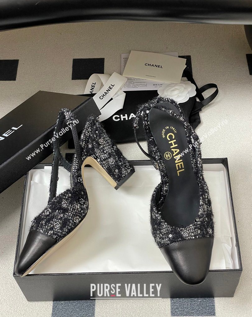 Chanel Camellia Tweed Lambskin Leather Slingbacks Pump 9cm Black 2026 G45509 0309 (MD-260309054)