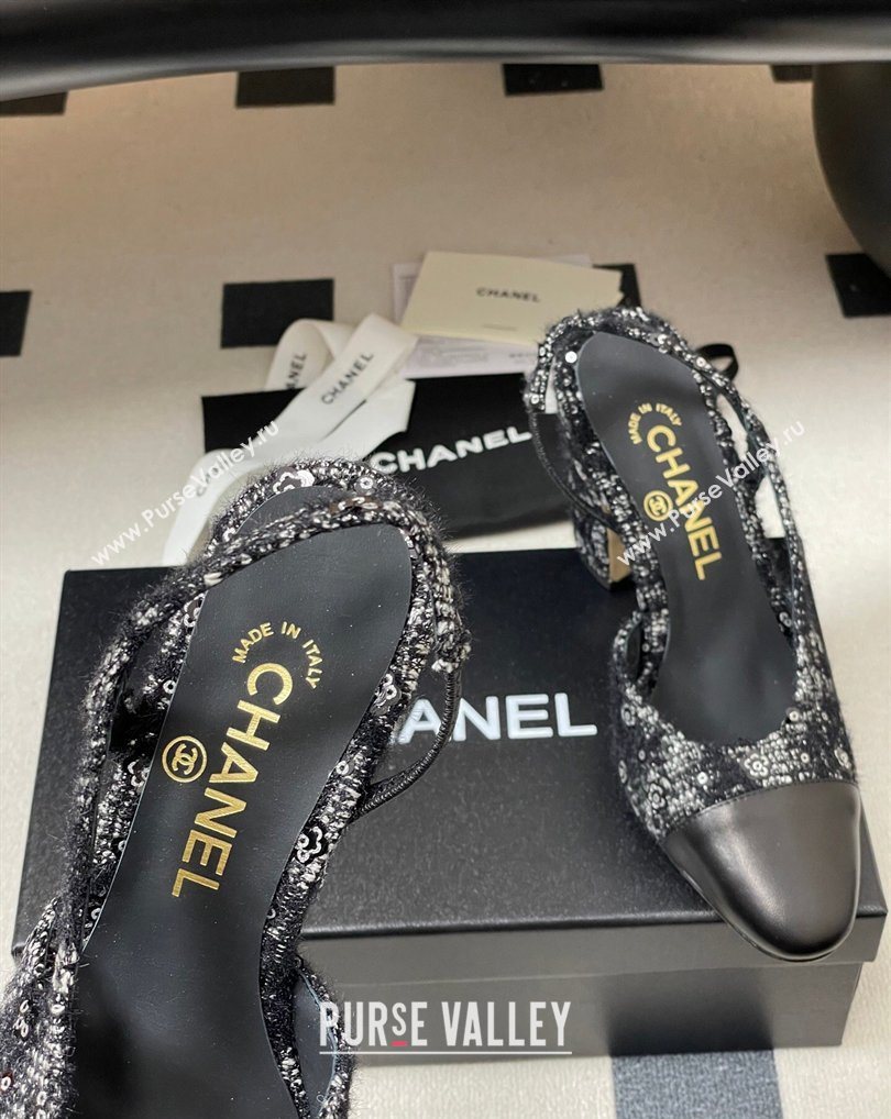 Chanel Camellia Tweed Lambskin Leather Slingbacks Pump 9cm Black 2026 G45509 0309 (MD-260309054)
