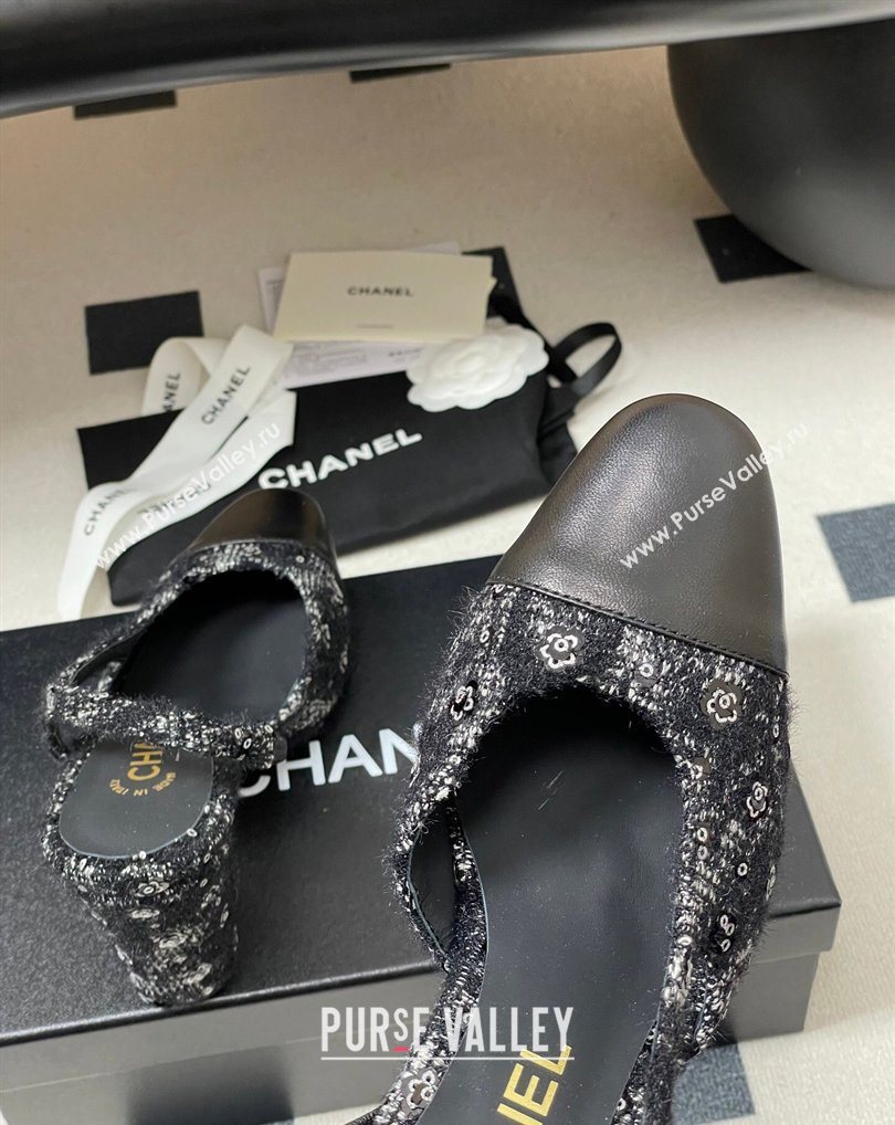Chanel Camellia Tweed Lambskin Leather Slingbacks Pump 9cm Black 2026 G45509 0309 (MD-260309054)