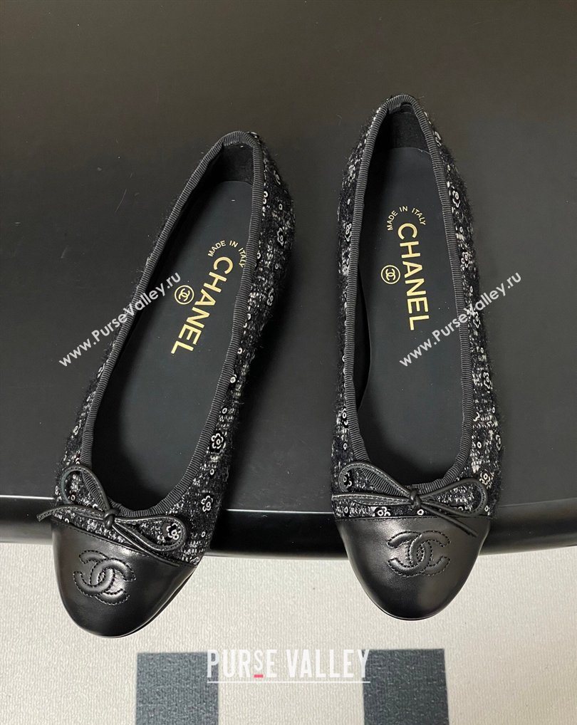 Chanel Camellia Tweed Lambskin Leather Ballet Flats with Bow Black 2026 G02819 0309 (MD-260309042)
