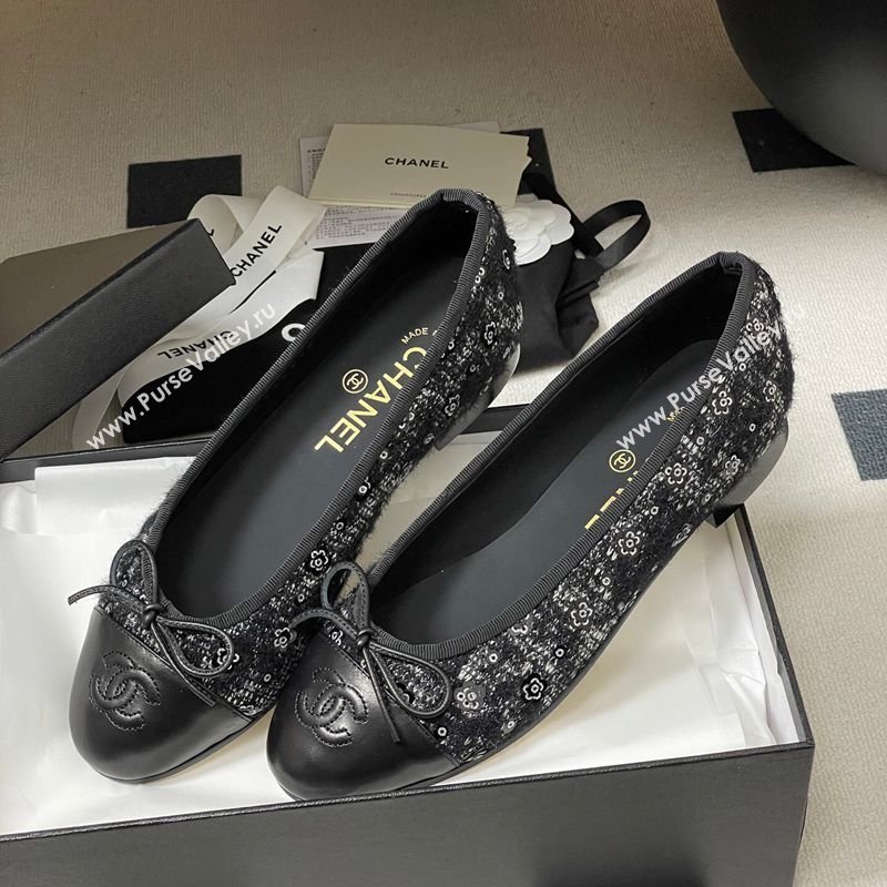 Chanel Camellia Tweed Lambskin Leather Ballet Flats with Bow Black 2026 G02819 0309 (MD-260309042)