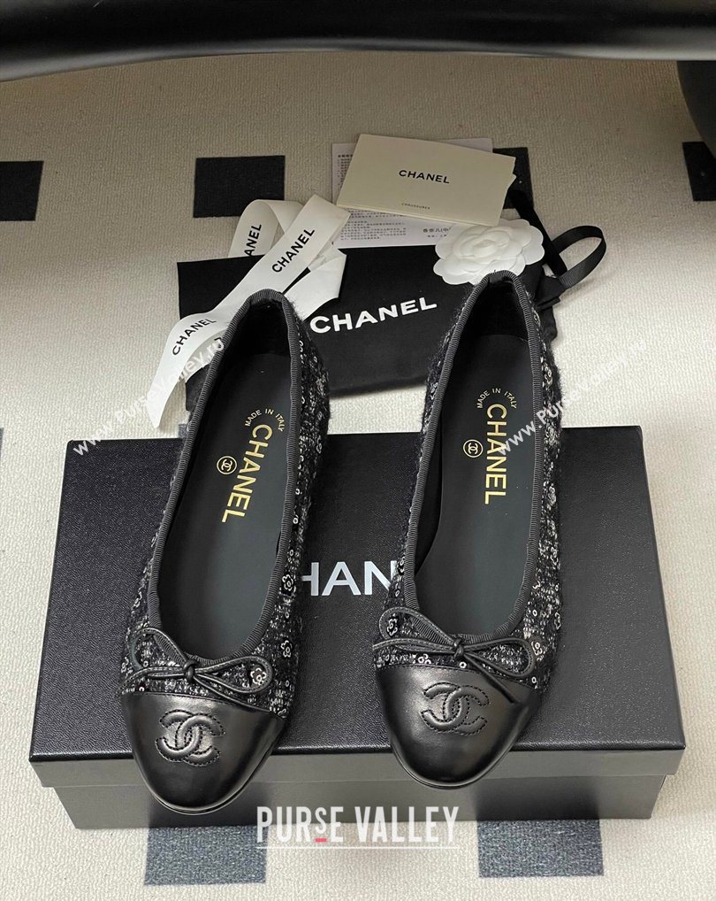 Chanel Camellia Tweed Lambskin Leather Ballet Flats with Bow Black 2026 G02819 0309 (MD-260309042)