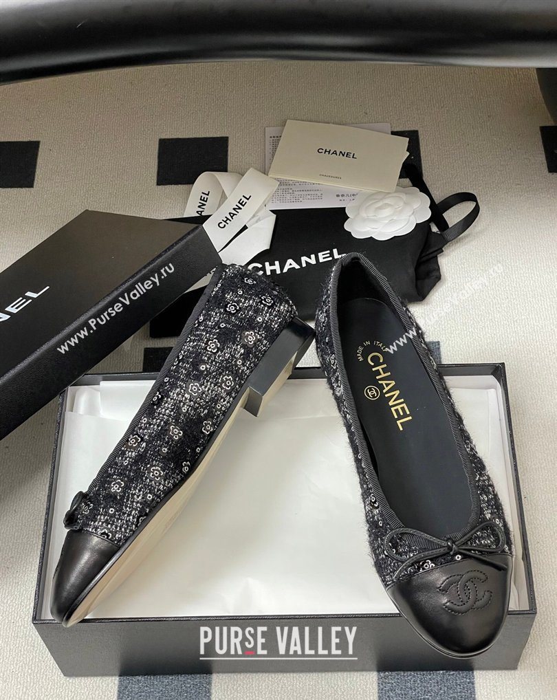 Chanel Camellia Tweed Lambskin Leather Ballet Flats with Bow Black 2026 G02819 0309 (MD-260309042)