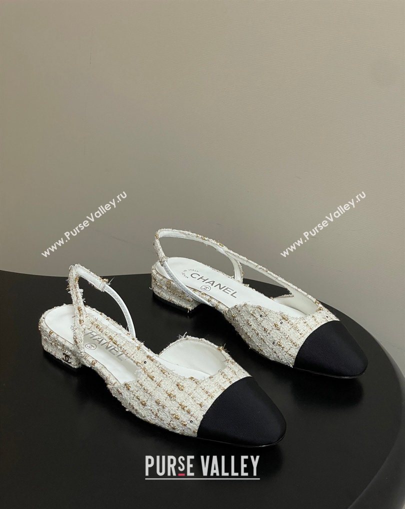 Chanel Tweed Grosgrain Slingbacks Flat White/Black/Gold 2026 G31319 0309 (MD-260309047)