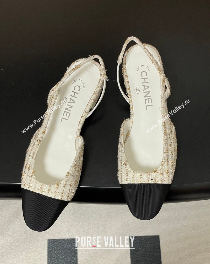 Chanel Tweed Grosgrain Slingbacks Flat White/Black/Gold 2026 G31319 0309 (MD-260309047)