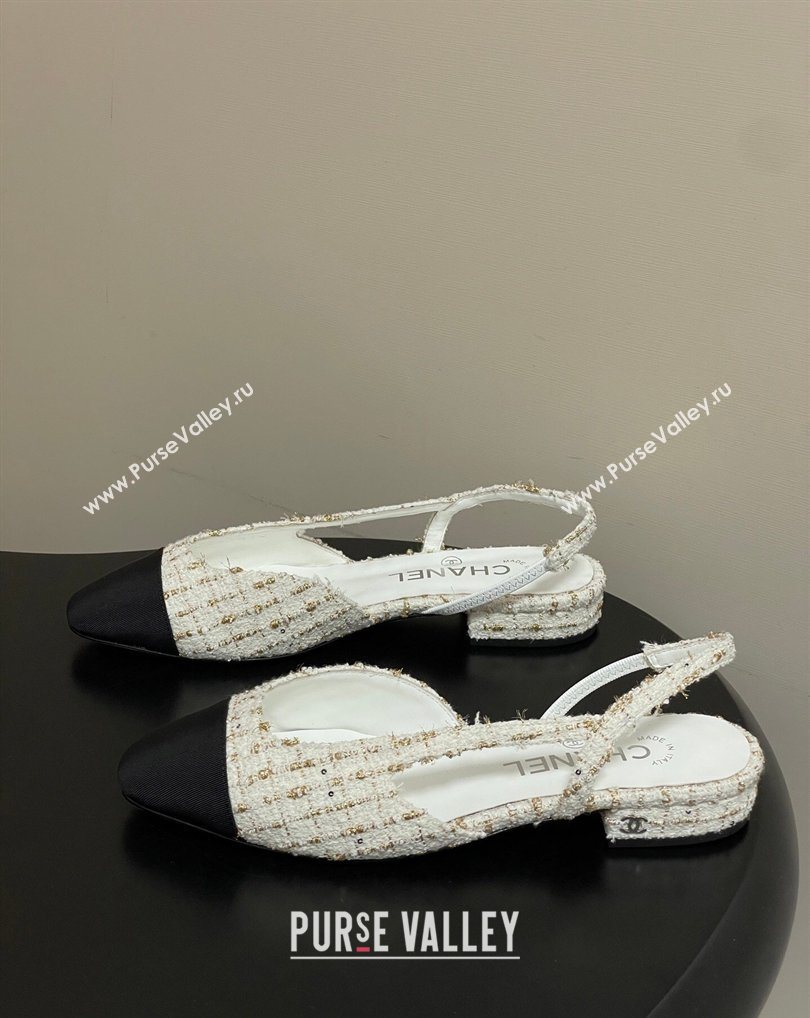 Chanel Tweed Grosgrain Slingbacks Flat White/Black/Gold 2026 G31319 0309 (MD-260309047)