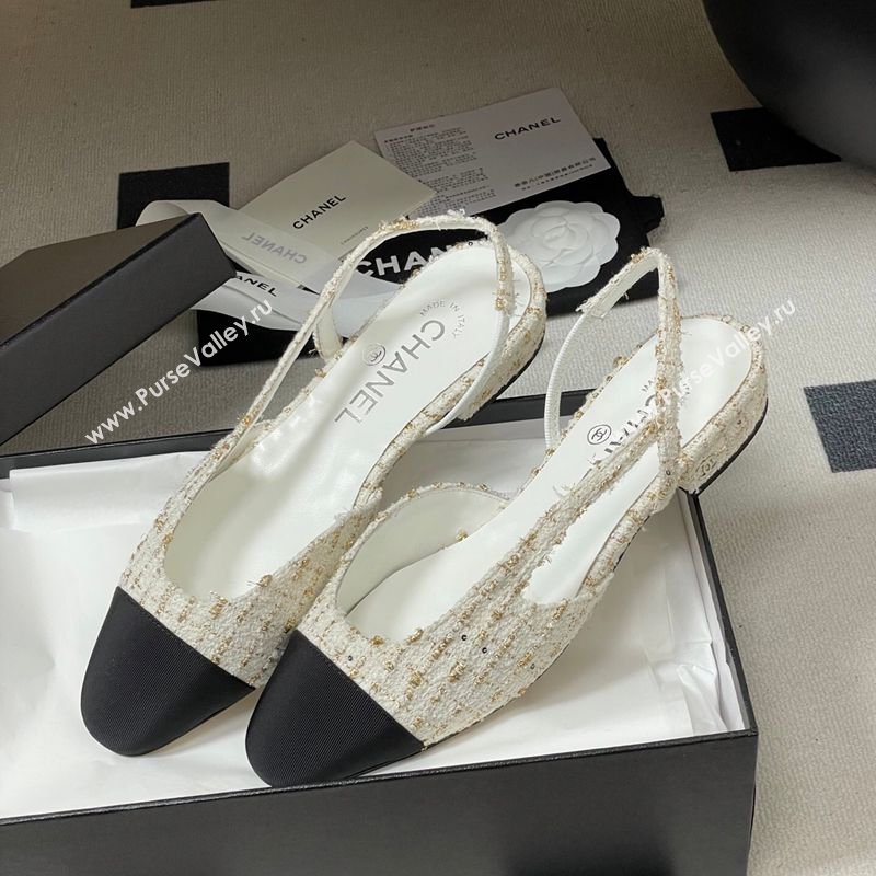 Chanel Tweed Grosgrain Slingbacks Flat White/Black/Gold 2026 G31319 0309 (MD-260309047)