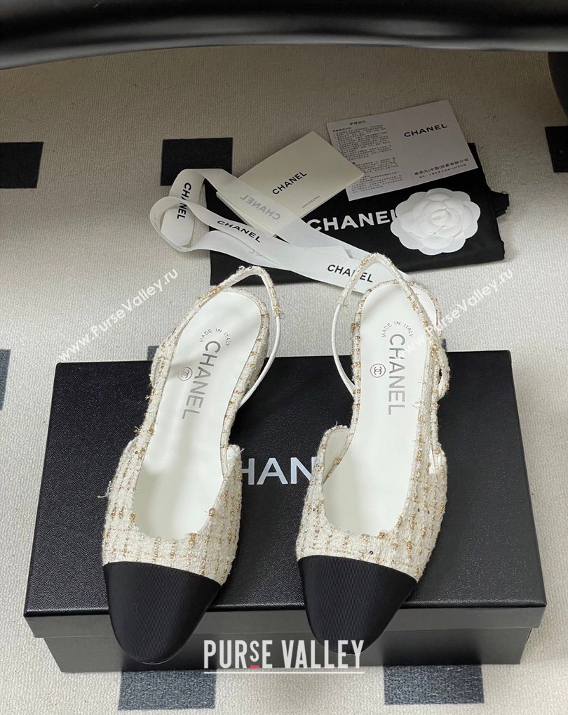 Chanel Tweed Grosgrain Slingbacks Flat White/Black/Gold 2026 G31319 0309 (MD-260309047)