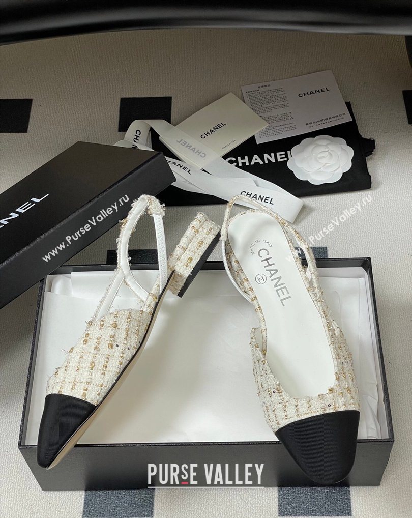 Chanel Tweed Grosgrain Slingbacks Flat White/Black/Gold 2026 G31319 0309 (MD-260309047)