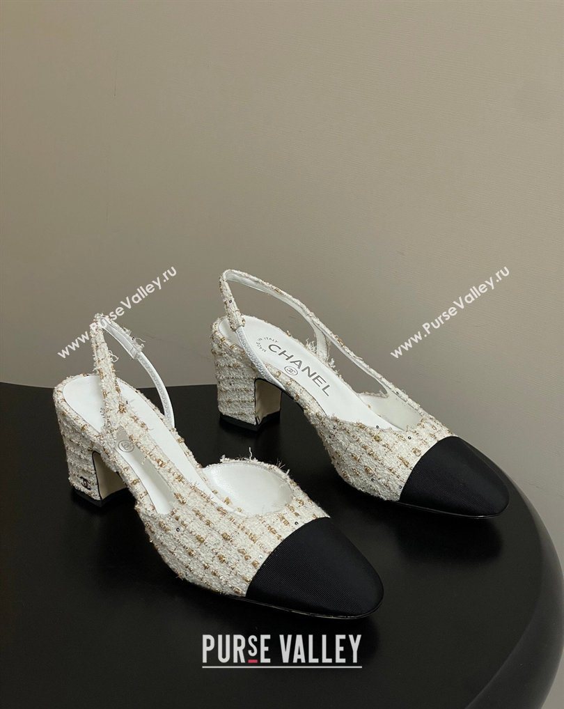 Chanel Tweed Grosgrain Slingbacks Pump 6.5cm White/Black/Gold 2026 G31318 0309 (MD-260309051)