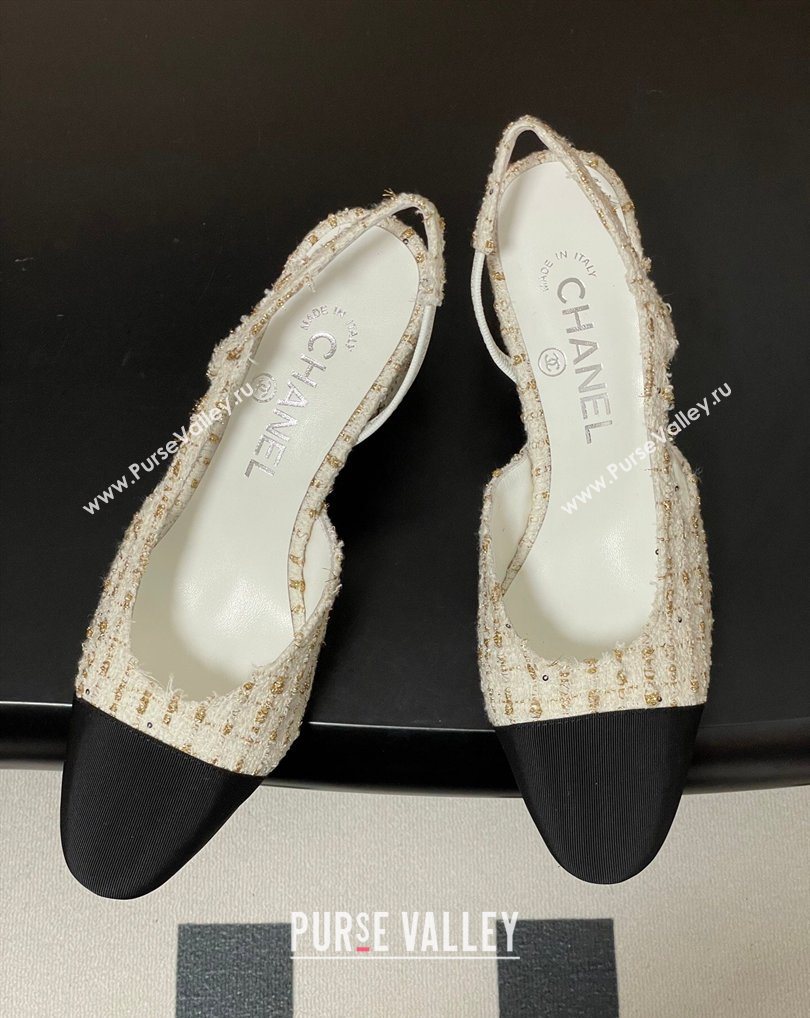 Chanel Tweed Grosgrain Slingbacks Pump 6.5cm White/Black/Gold 2026 G31318 0309 (MD-260309051)