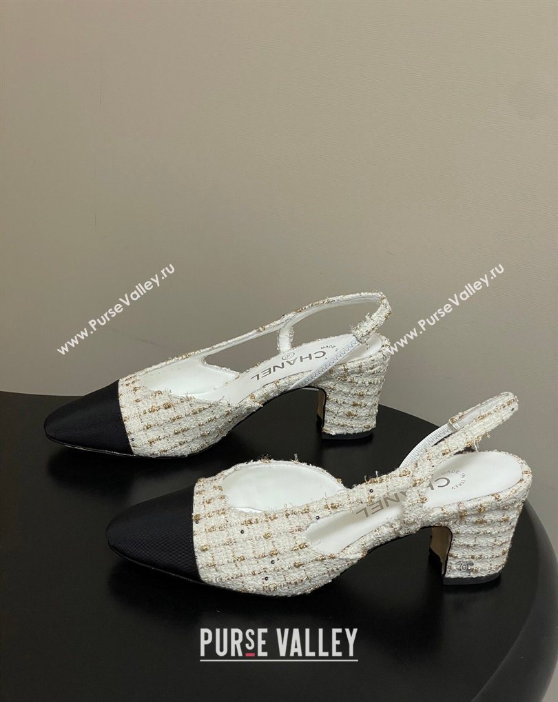 Chanel Tweed Grosgrain Slingbacks Pump 6.5cm White/Black/Gold 2026 G31318 0309 (MD-260309051)