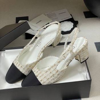 Chanel Tweed Grosgrain Slingbacks Pump 6.5cm White/Black/Gold 2026 G31318 0309 (MD-260309051)