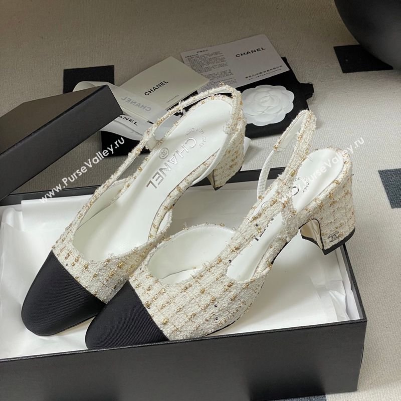 Chanel Tweed Grosgrain Slingbacks Pump 6.5cm White/Black/Gold 2026 G31318 0309 (MD-260309051)