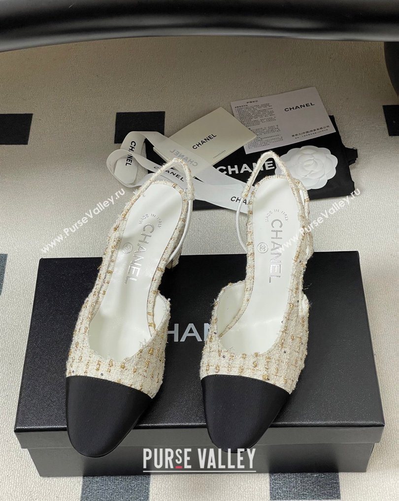 Chanel Tweed Grosgrain Slingbacks Pump 6.5cm White/Black/Gold 2026 G31318 0309 (MD-260309051)