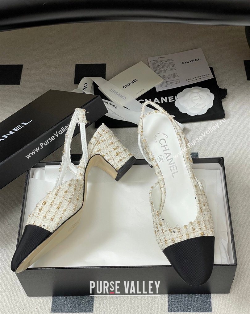 Chanel Tweed Grosgrain Slingbacks Pump 6.5cm White/Black/Gold 2026 G31318 0309 (MD-260309051)