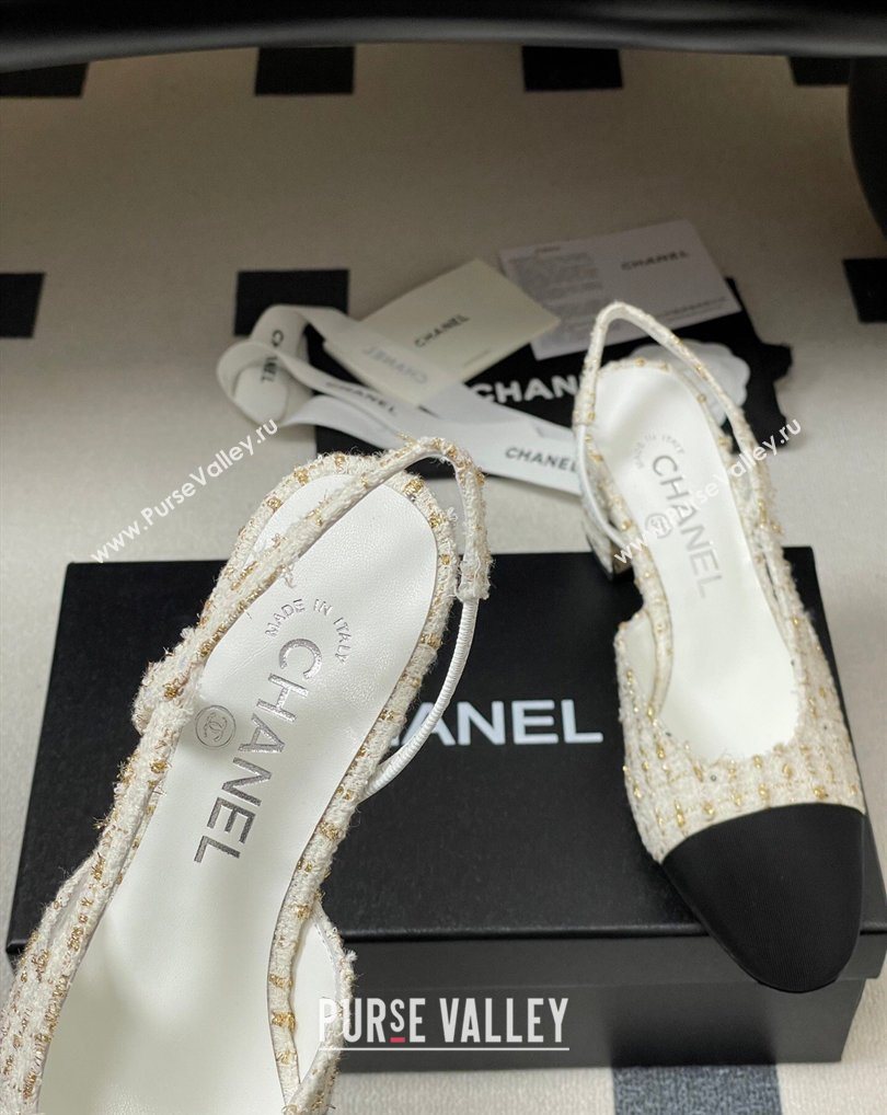 Chanel Tweed Grosgrain Slingbacks Pump 6.5cm White/Black/Gold 2026 G31318 0309 (MD-260309051)
