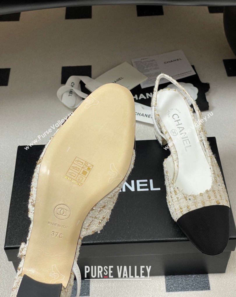 Chanel Tweed Grosgrain Slingbacks Pump 6.5cm White/Black/Gold 2026 G31318 0309 (MD-260309051)