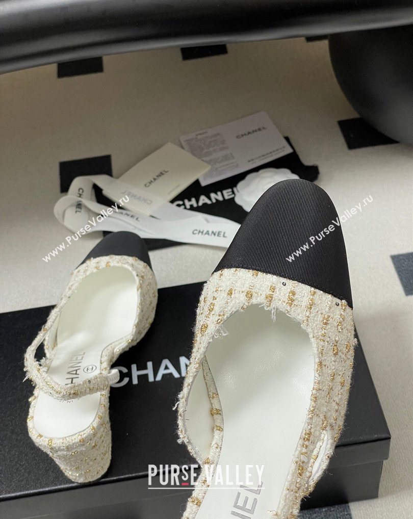 Chanel Tweed Grosgrain Slingbacks Pump 6.5cm White/Black/Gold 2026 G31318 0309 (MD-260309051)