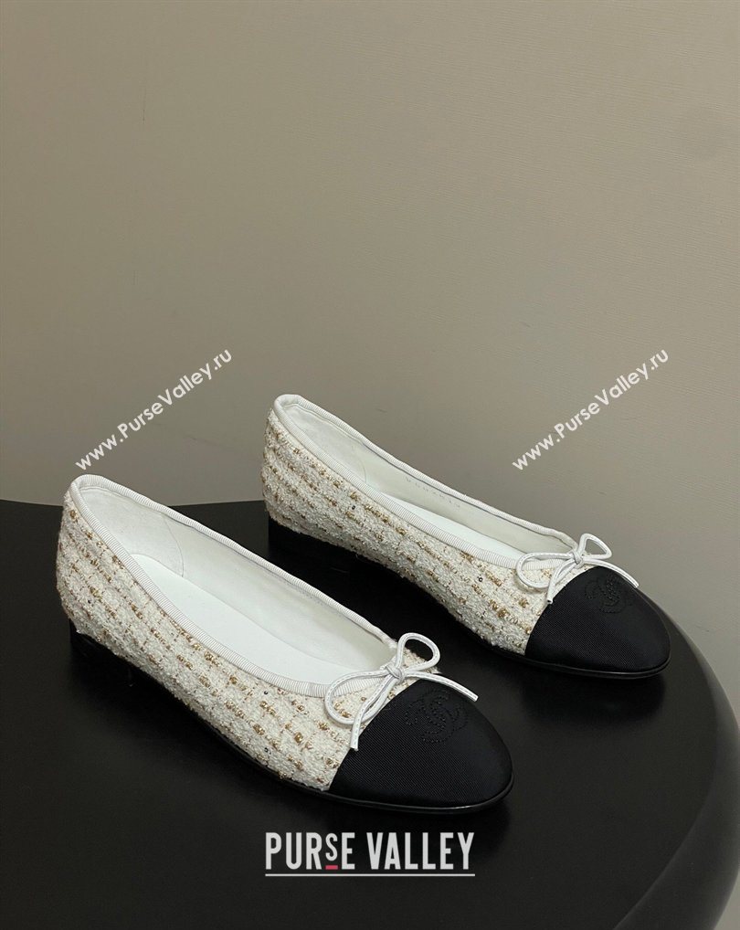 Chanel Tweed Grosgrain Ballet Flats with Bow White/Black/Gold 2026 G02819 0309 (MD-260309043)