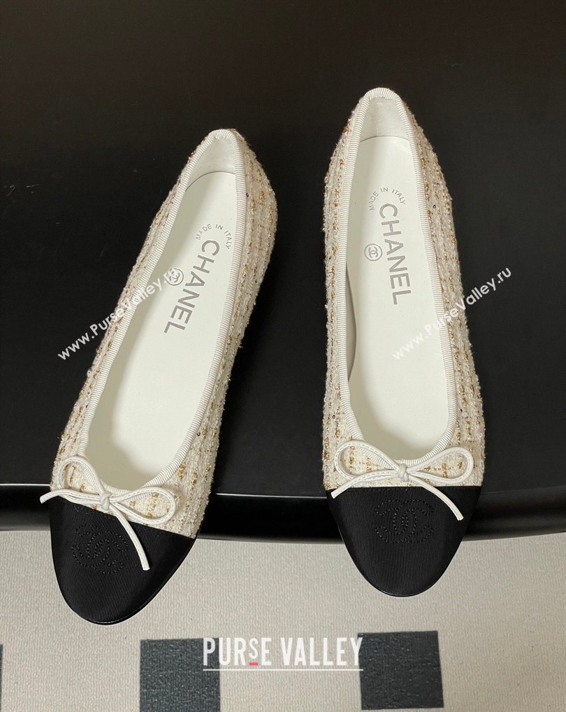 Chanel Tweed Grosgrain Ballet Flats with Bow White/Black/Gold 2026 G02819 0309 (MD-260309043)