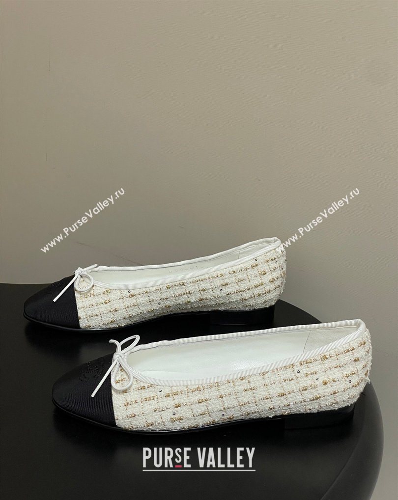 Chanel Tweed Grosgrain Ballet Flats with Bow White/Black/Gold 2026 G02819 0309 (MD-260309043)