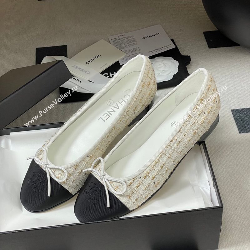 Chanel Tweed Grosgrain Ballet Flats with Bow White/Black/Gold 2026 G02819 0309 (MD-260309043)