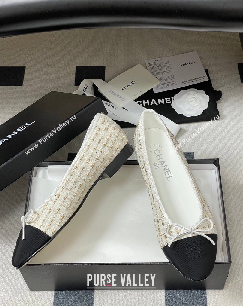 Chanel Tweed Grosgrain Ballet Flats with Bow White/Black/Gold 2026 G02819 0309 (MD-260309043)