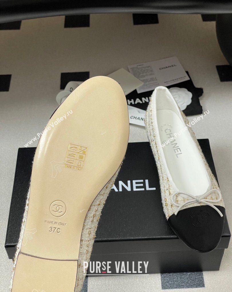 Chanel Tweed Grosgrain Ballet Flats with Bow White/Black/Gold 2026 G02819 0309 (MD-260309043)