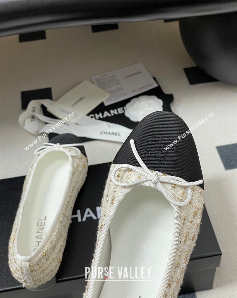 Chanel Tweed Grosgrain Ballet Flats with Bow White/Black/Gold 2026 G02819 0309 (MD-260309043)