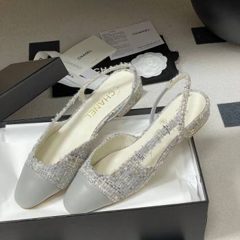 Chanel Tweed Lambskin Leather Slingbacks Flat Grey 2026 G31319 0309 (MD-260309048)