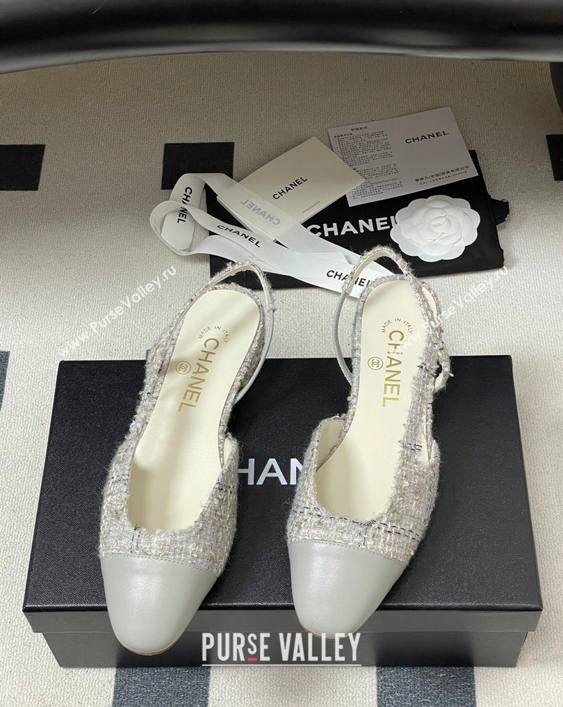 Chanel Tweed Lambskin Leather Slingbacks Flat Grey 2026 G31319 0309 (MD-260309048)