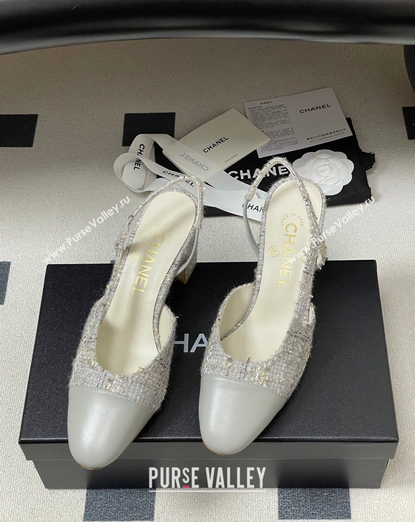 Chanel Camellia Tweed Lambskin Leather Slingbacks Pump 6.5cm Grey 2026 G31318 0309 (MD-260309052)