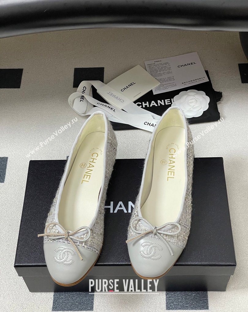 Chanel Tweed Lambskin Leather Ballet Flats with Bow Grey 2026 G02819 0309 (MD-260309044)