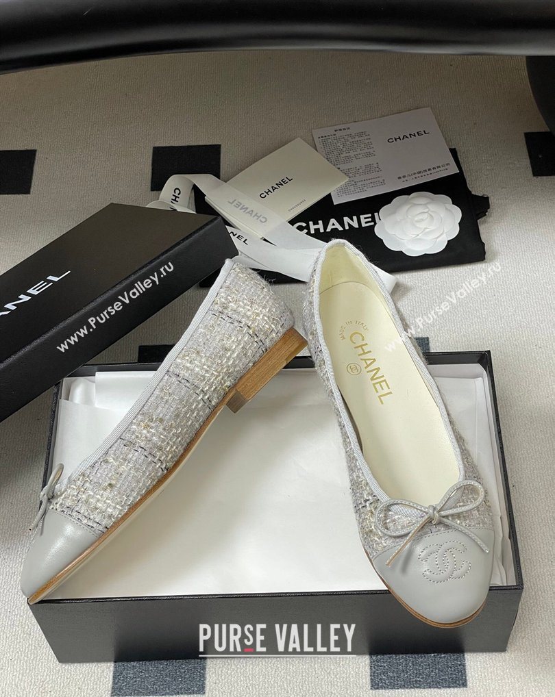 Chanel Tweed Lambskin Leather Ballet Flats with Bow Grey 2026 G02819 0309 (MD-260309044)