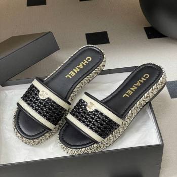 Chanel Braided Calfskin Leather Flat Slides Sandal Black 2026 CH030901 (MD-260309055)
