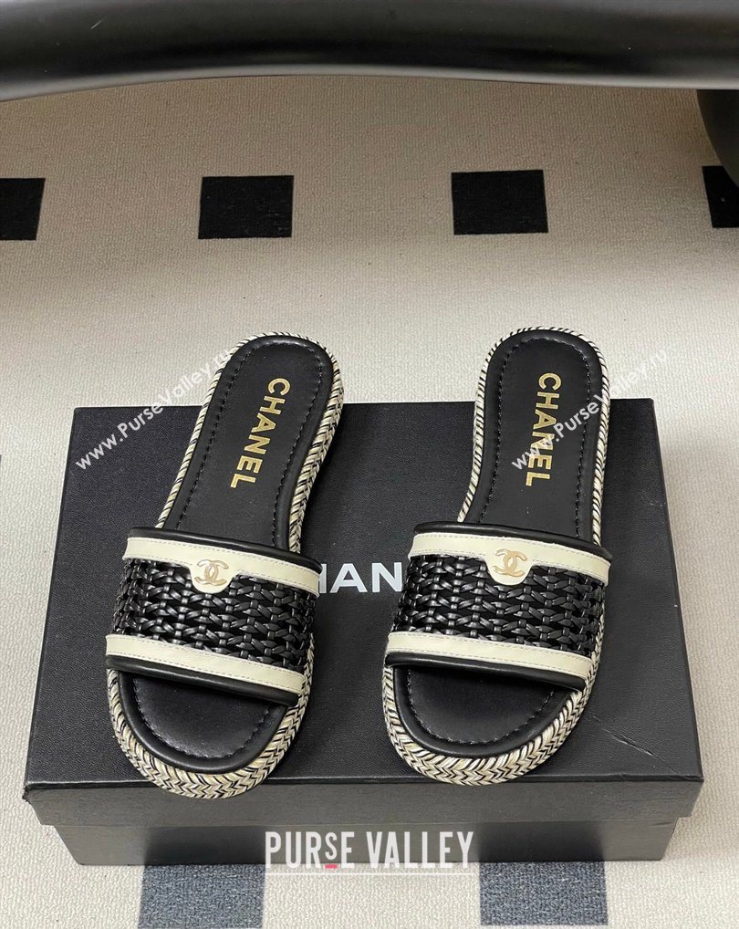 Chanel Braided Calfskin Leather Flat Slides Sandal Black 2026 CH030901 (MD-260309055)