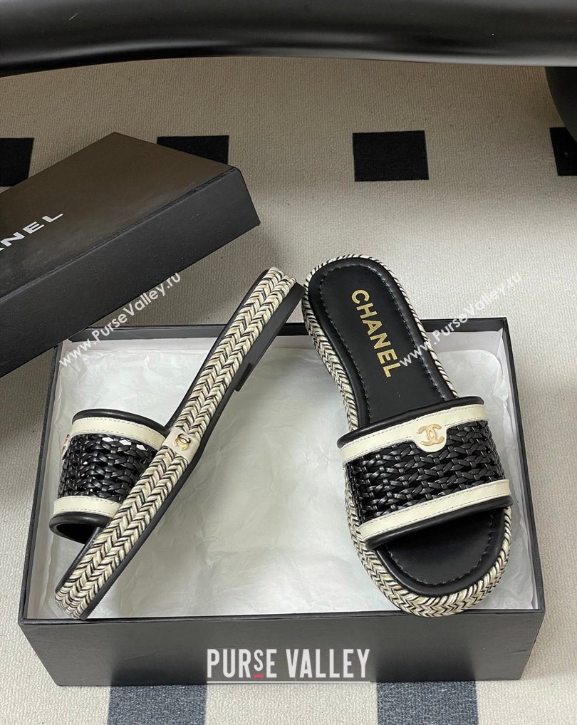 Chanel Braided Calfskin Leather Flat Slides Sandal Black 2026 CH030901 (MD-260309055)