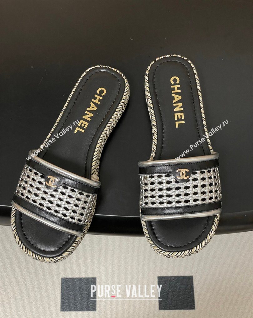 Chanel Braided Calfskin Leather Flat Slides Sandal Silver 2026 CH030901 (MD-260309056)