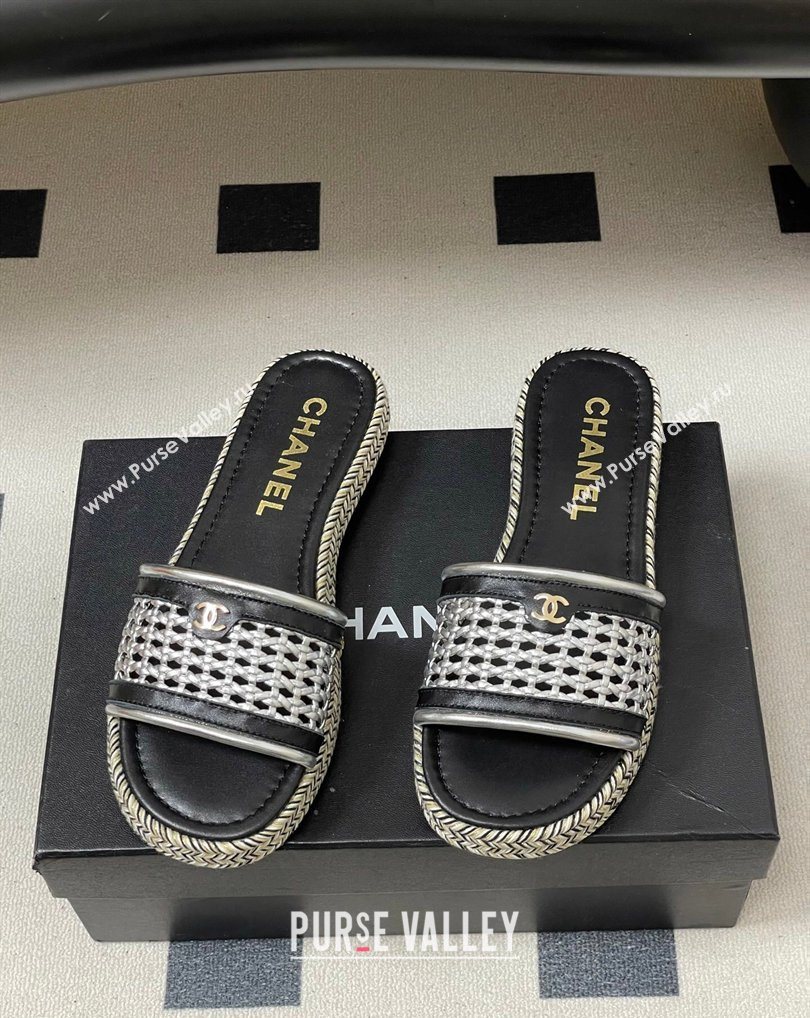 Chanel Braided Calfskin Leather Flat Slides Sandal Silver 2026 CH030901 (MD-260309056)