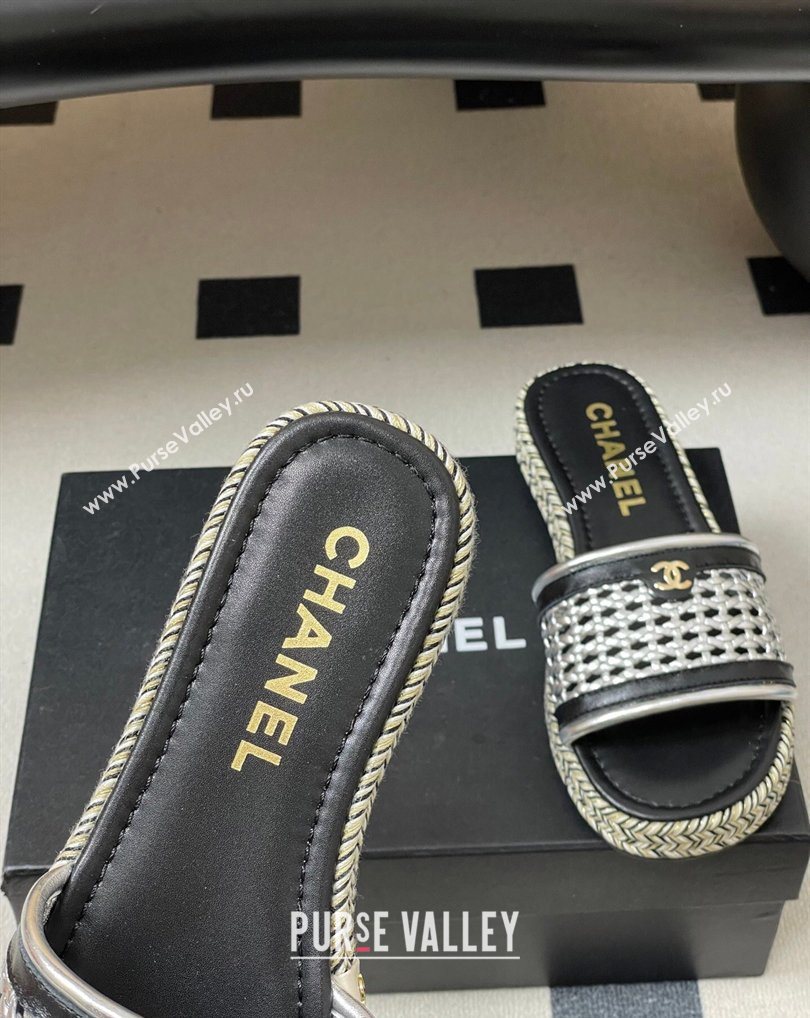 Chanel Braided Calfskin Leather Flat Slides Sandal Silver 2026 CH030901 (MD-260309056)