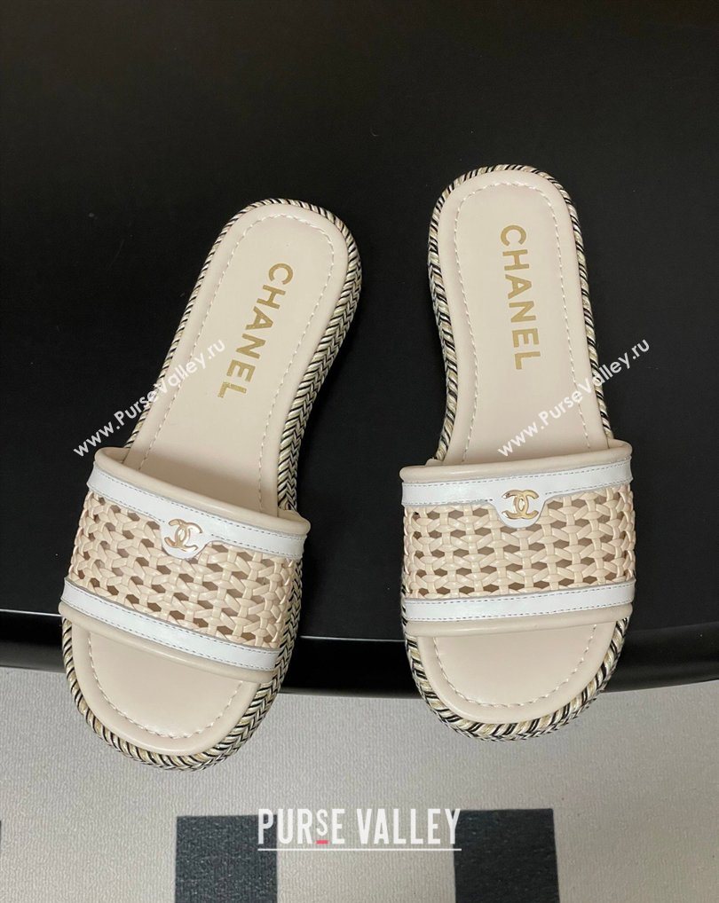 Chanel Braided Calfskin Leather Flat Slides Sandal Beige/White 2026 CH030901 (MD-260309057)